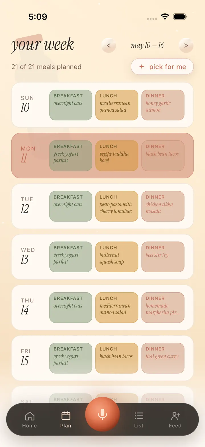 Cupboard meal plan screenshot